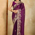 Deep Purple Embroidered Georgette Saree Heavy Floral Border Designer Blouse