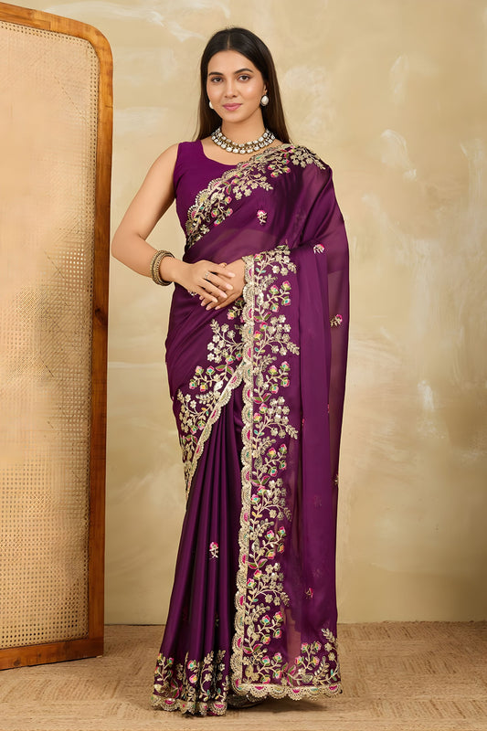 Deep Purple Embroidered Georgette Saree Heavy Floral Border Designer Blouse