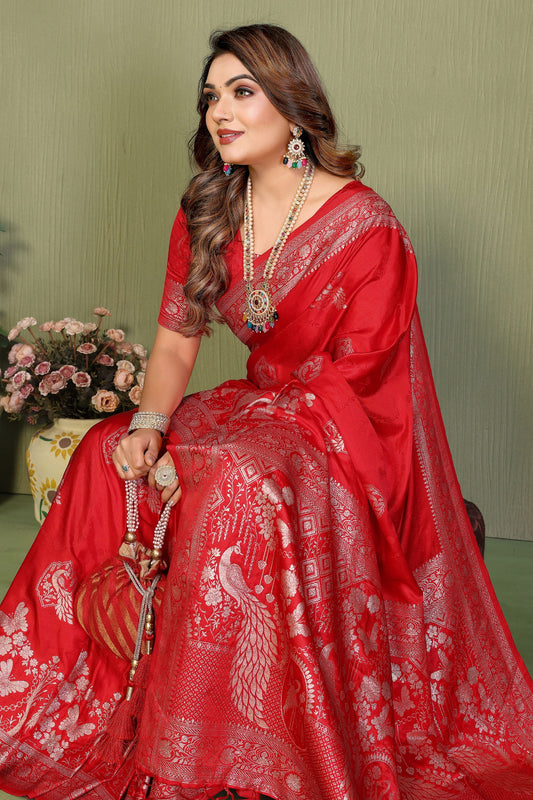 Bridal Red Banarasi Silk Saree with Rich Zari Weaving Blouse Piece