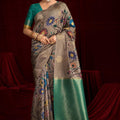 Grey Banarasi Silk Saree with Green Contrast Pallu