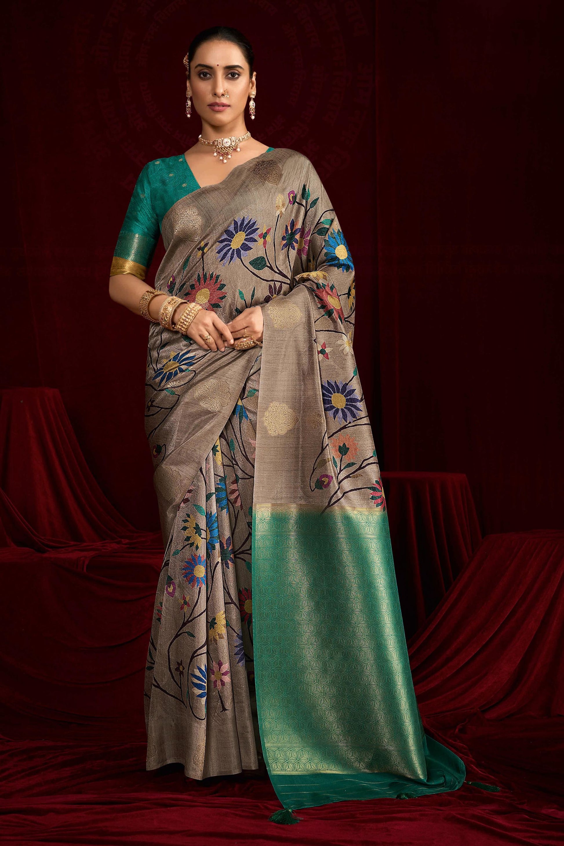 Grey Banarasi Silk Saree with Green Contrast Pallu