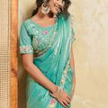 Aqua Green Silk Saree Floral Embroidered Border Designer Blouse