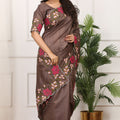 Brown Silk Saree with Floral Embroidery Border Designer Blouse