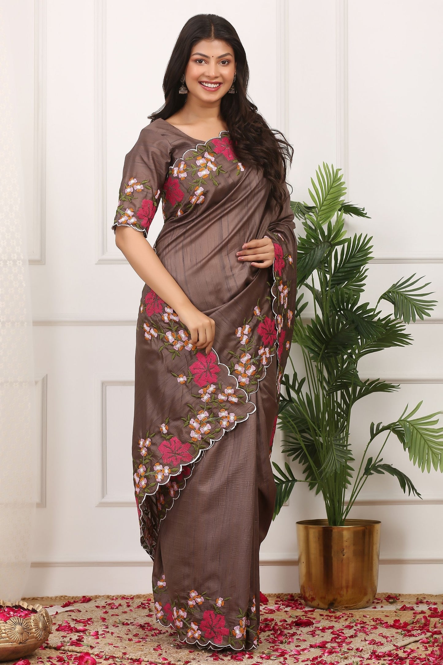 Brown Silk Saree with Floral Embroidery Border Designer Blouse