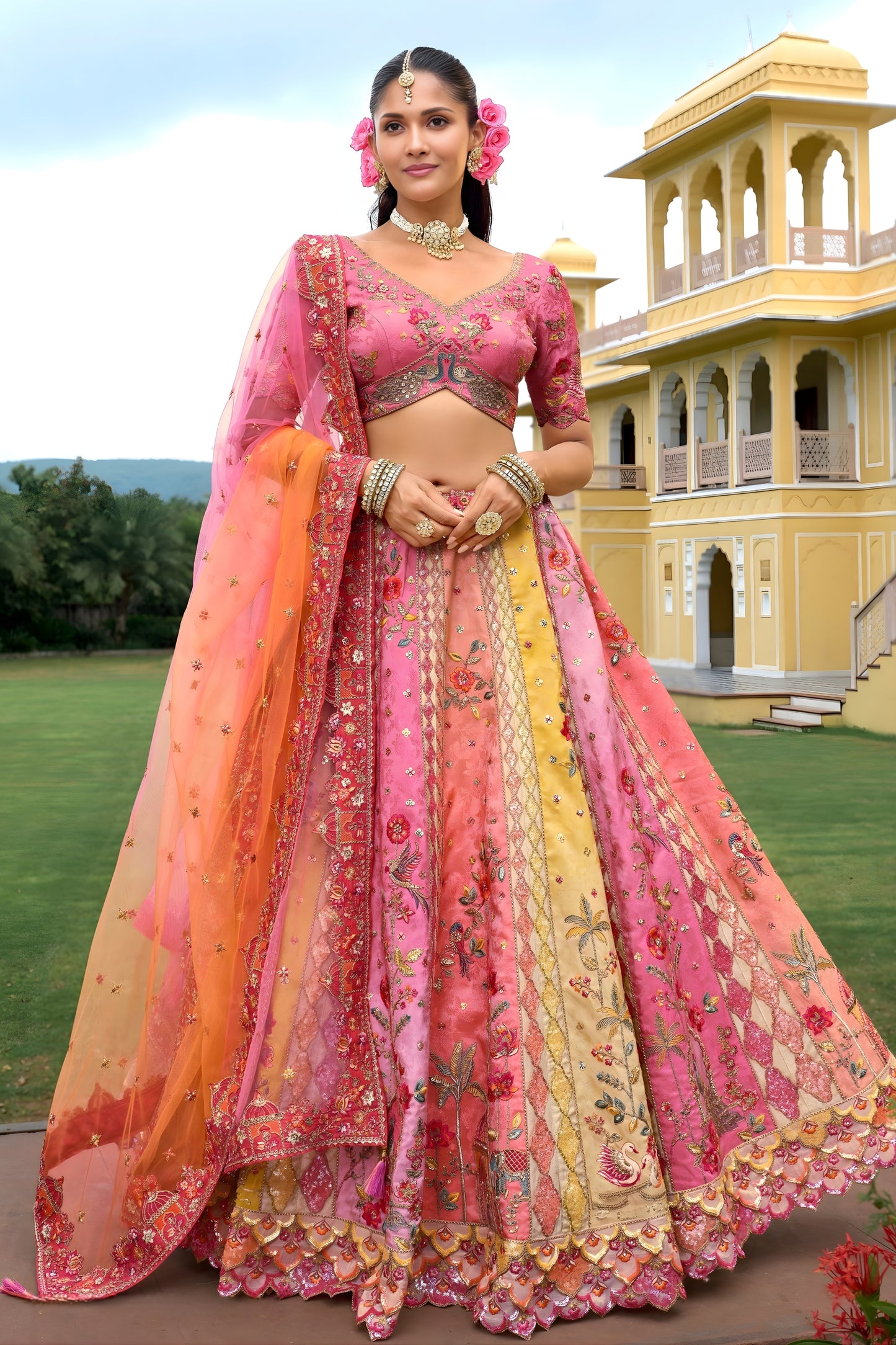 Royal Multi-Color Embroidered Silk Bridal Lehenga Choli with Net Dupatta for Women