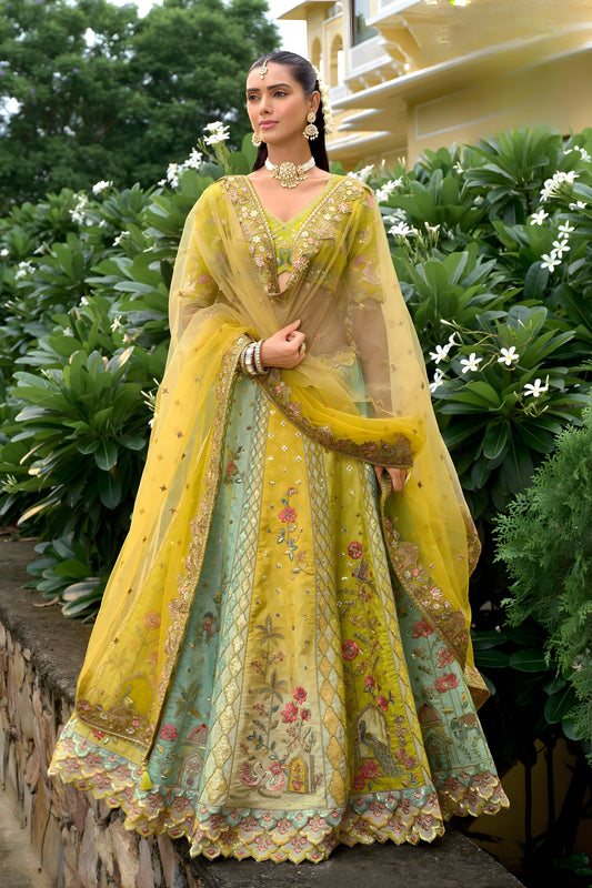 Stylish Yellow Multi-Color Embroidered Silk Bridal Lehenga Choli with Net Dupatta for Women