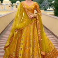 Stunning Mustard Yellow Embroidered Silk Bridal Lehenga Choli with Net Dupatta for Women