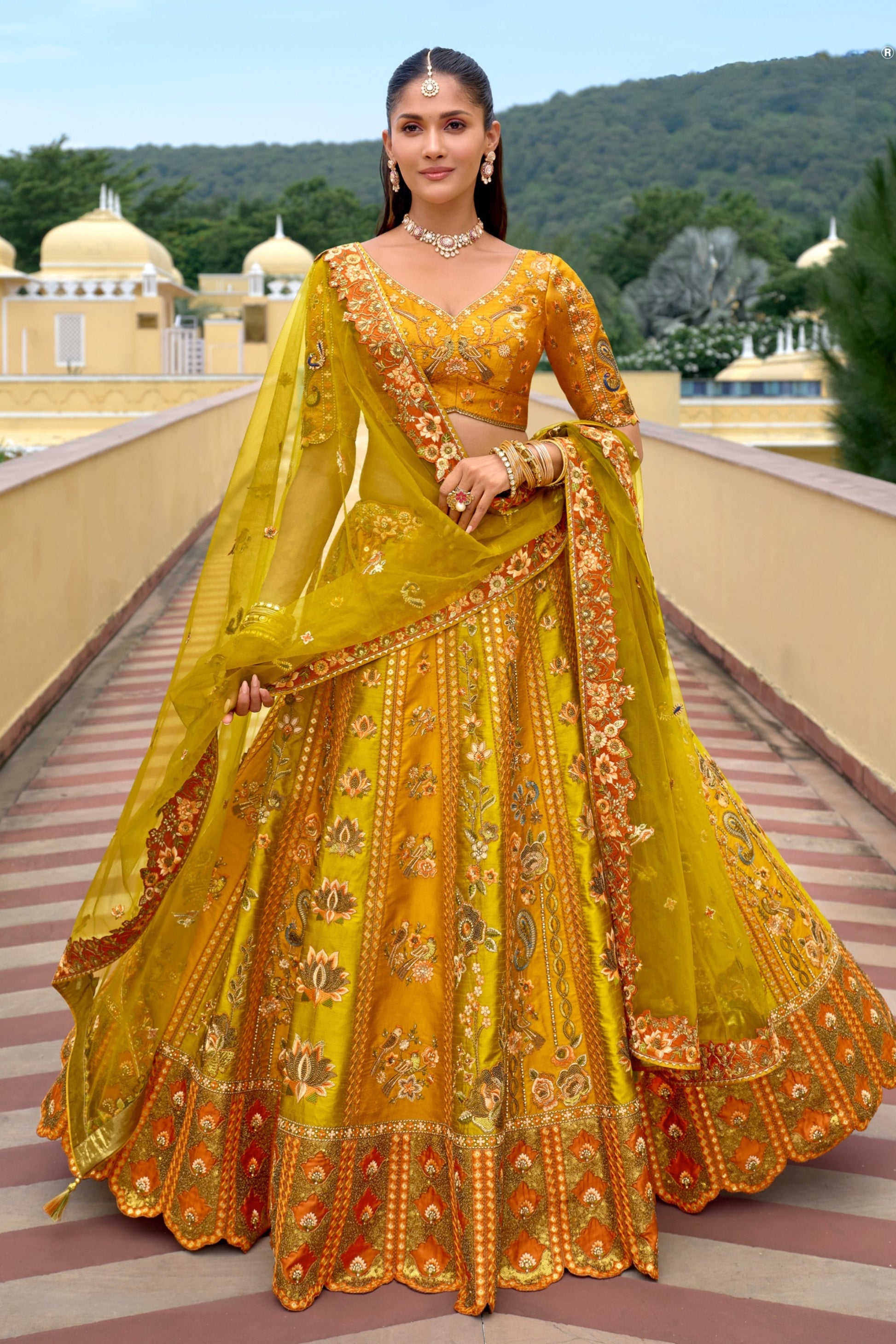 Stunning Mustard Yellow Embroidered Silk Bridal Lehenga Choli with Net Dupatta for Women