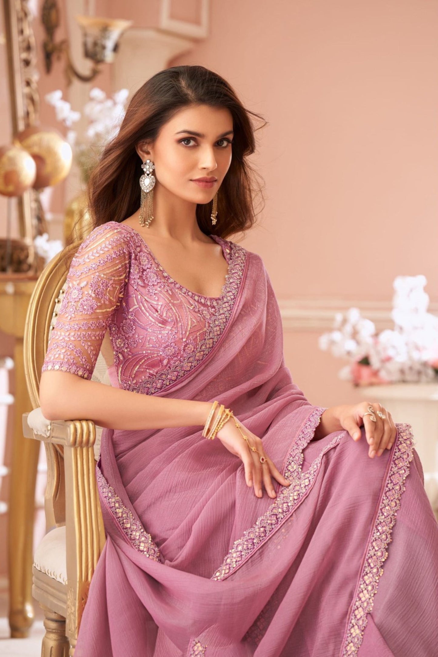 Elegant Lavender Georgette Saree Designer Party Wear