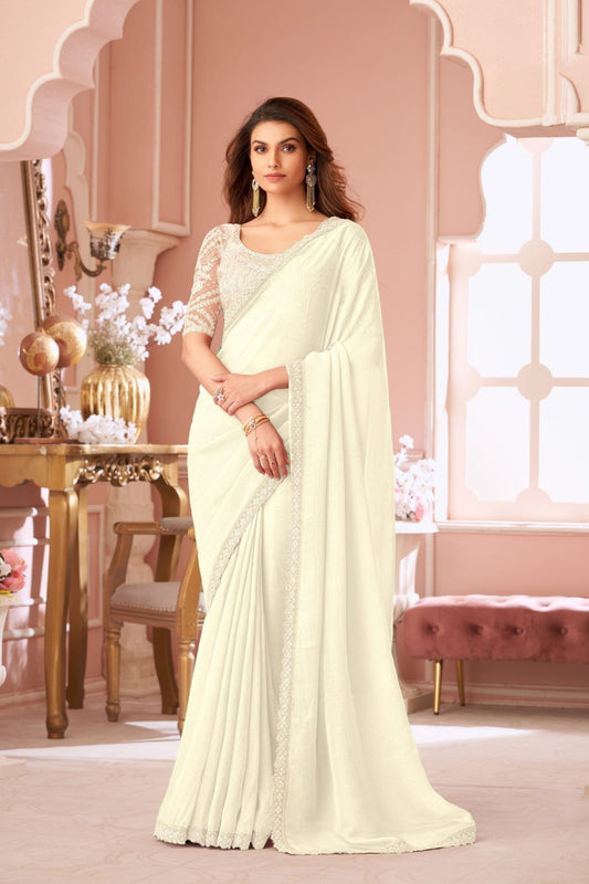 Elegant White Georgette Saree Designer Blouse Party Wear