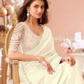 Elegant White Georgette Saree Designer Blouse Party Wear