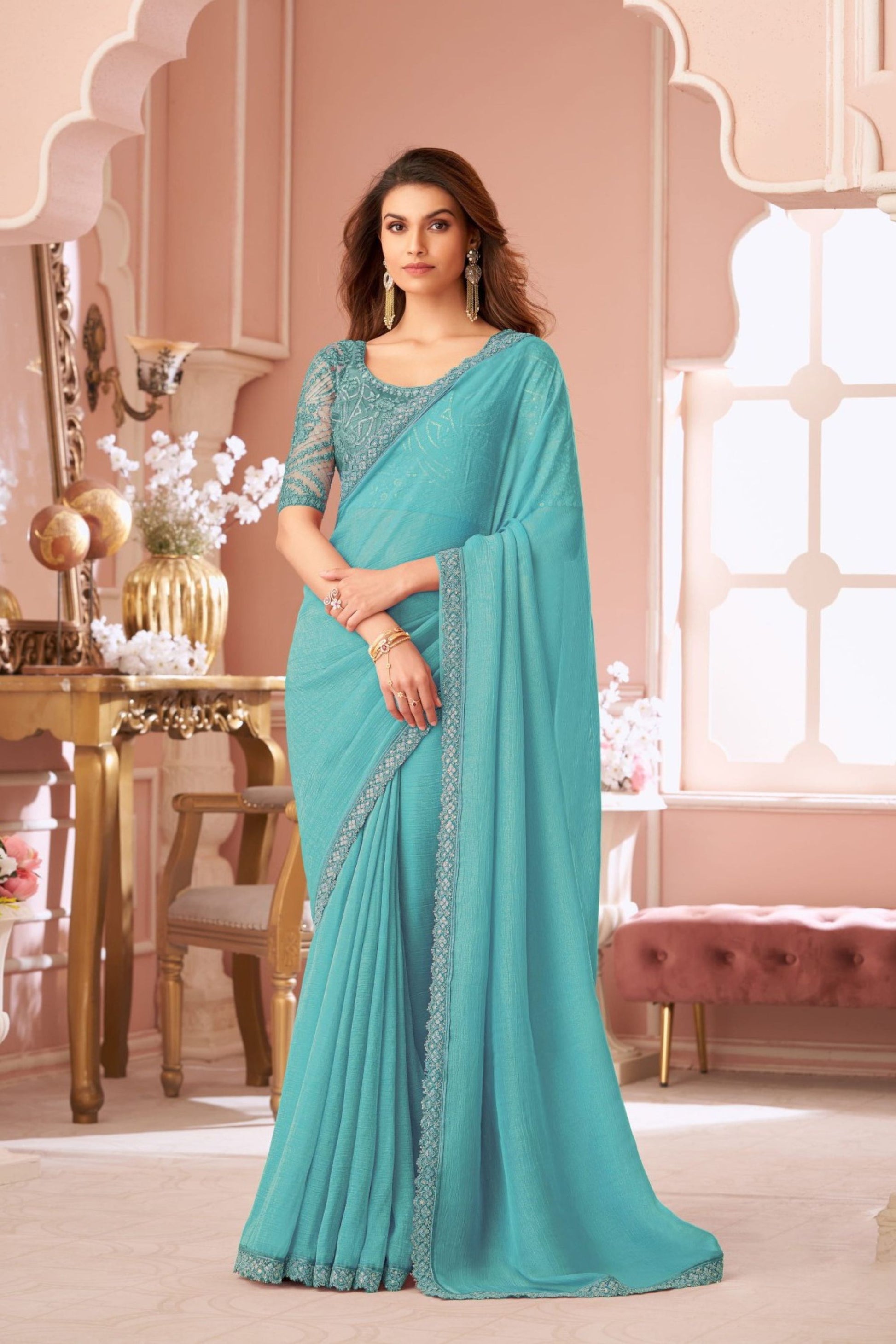 Elegant Teal Blue Georgette Saree Designer Blouse for Party Wear