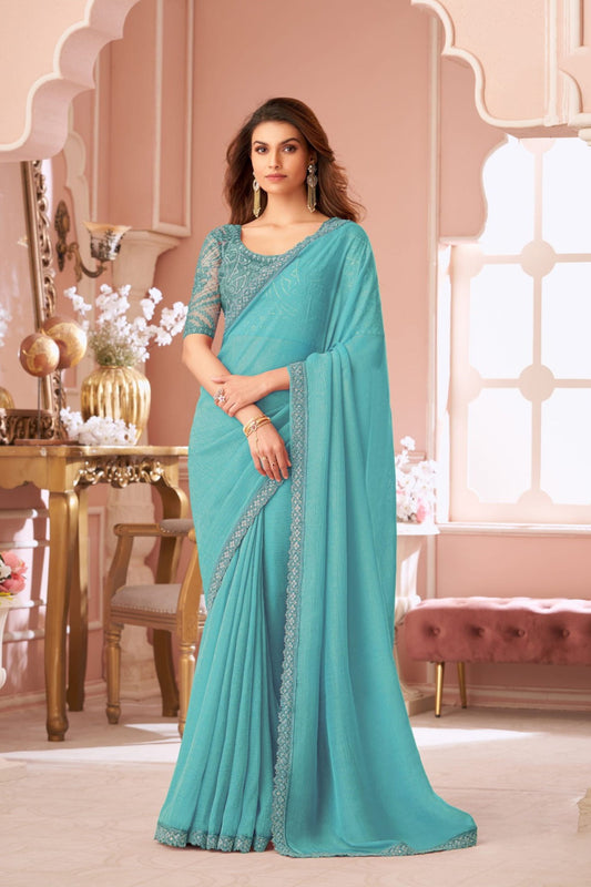 Elegant Teal Blue Georgette Saree Designer Blouse for Party Wear