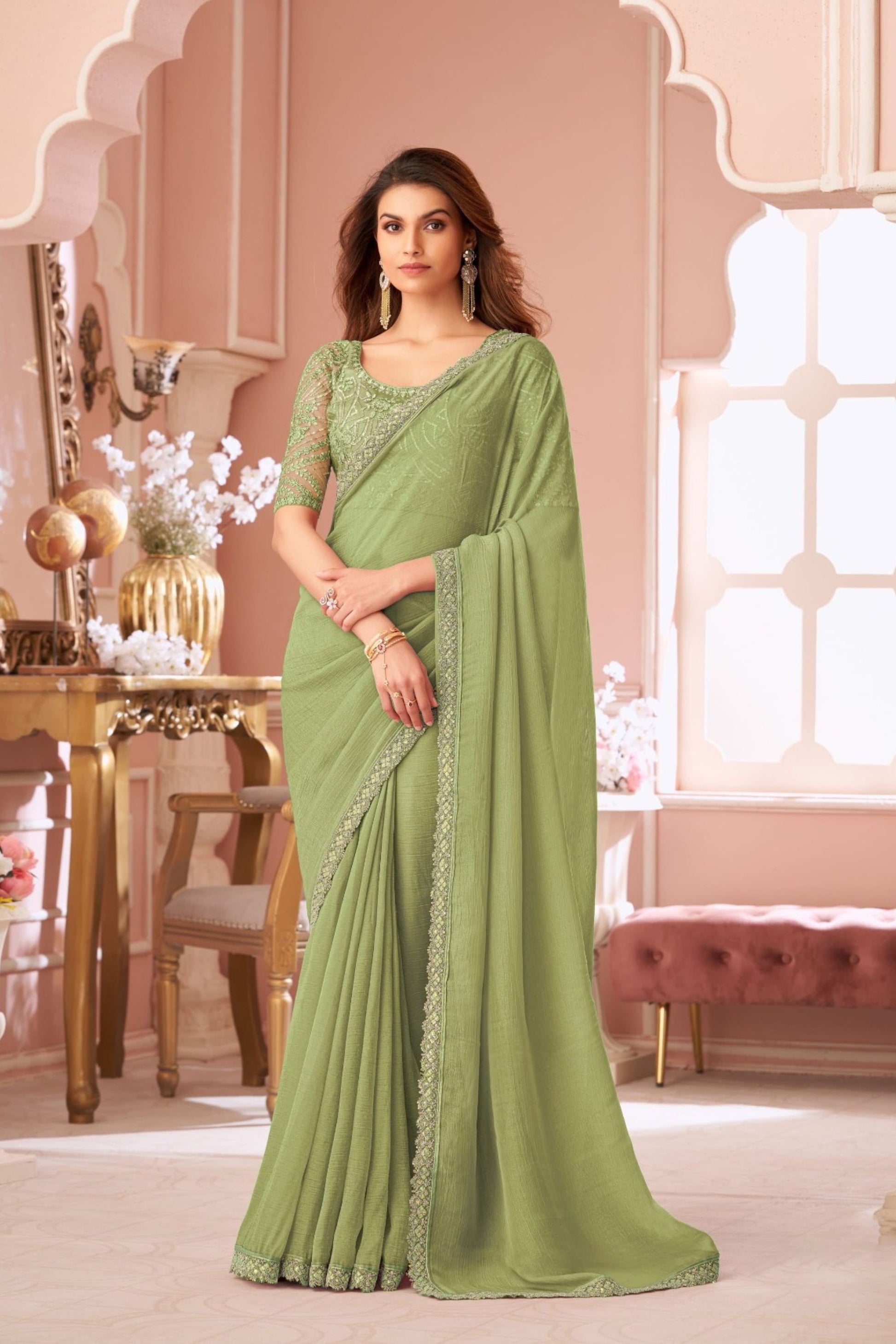 Elegant Green Georgette Saree Designer Blouse Party Wear