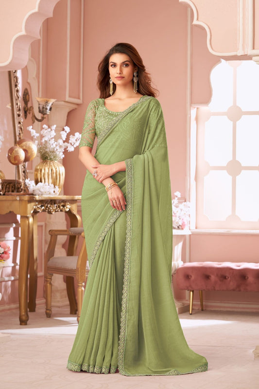 Elegant Green Georgette Saree Designer Blouse Party Wear