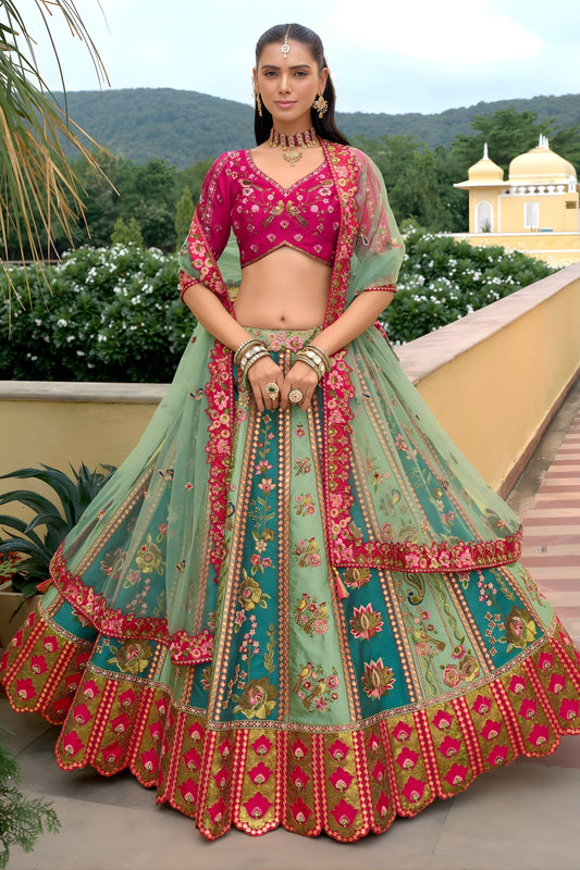Royal Teal Green Embroidered Silk Bridal Lehenga Choli with Net Dupatta for Women