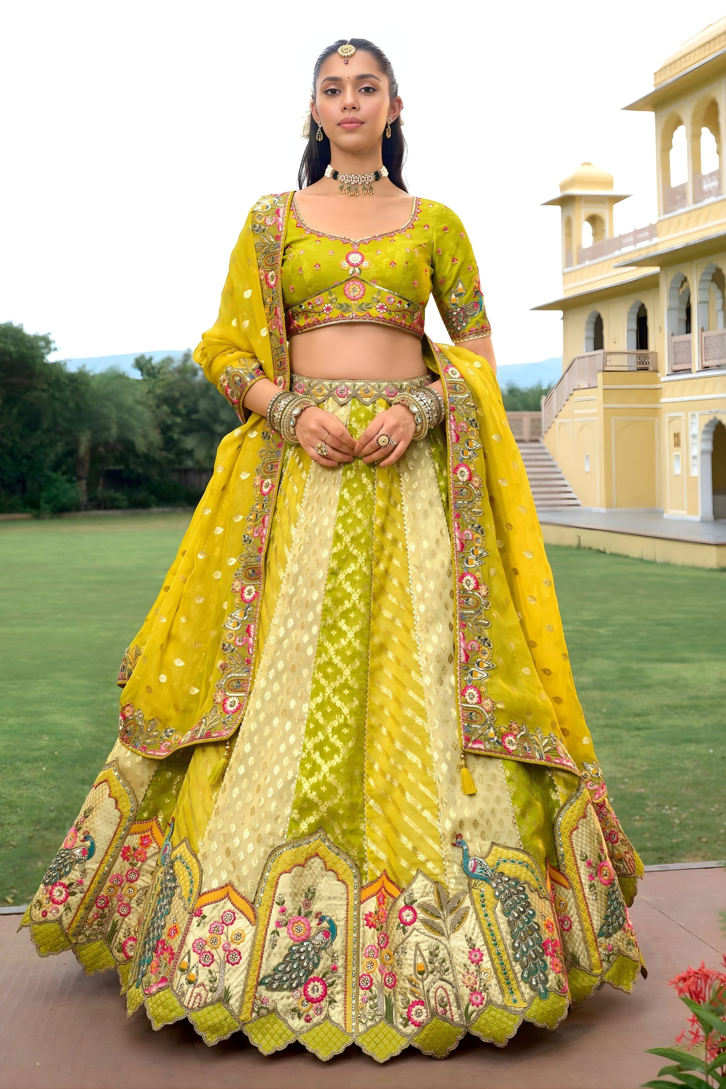 Trendy Lime Yellow Embroidered Silk Bridal Lehenga Choli with Designer Dupatta for Women