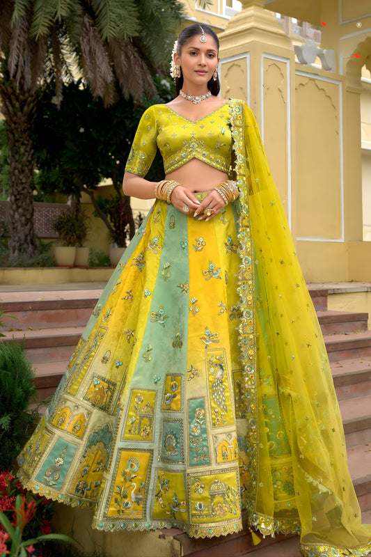 Glorious Lime Yellow Embroidered Silk Bridal Lehenga Choli with Net Dupatta for Women