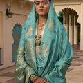 Royal Turquoise Blue Satin Silk Saree Jacquard Zari Weaving Work for Women