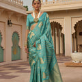 Royal Turquoise Blue Satin Silk Saree Jacquard Zari Weaving Work for Women