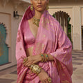 Beautiful Pink Satin Silk Saree Jacquard Zari Weaving Work for Women