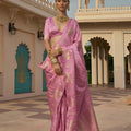 Beautiful Pink Satin Silk Saree Jacquard Zari Weaving Work for Women