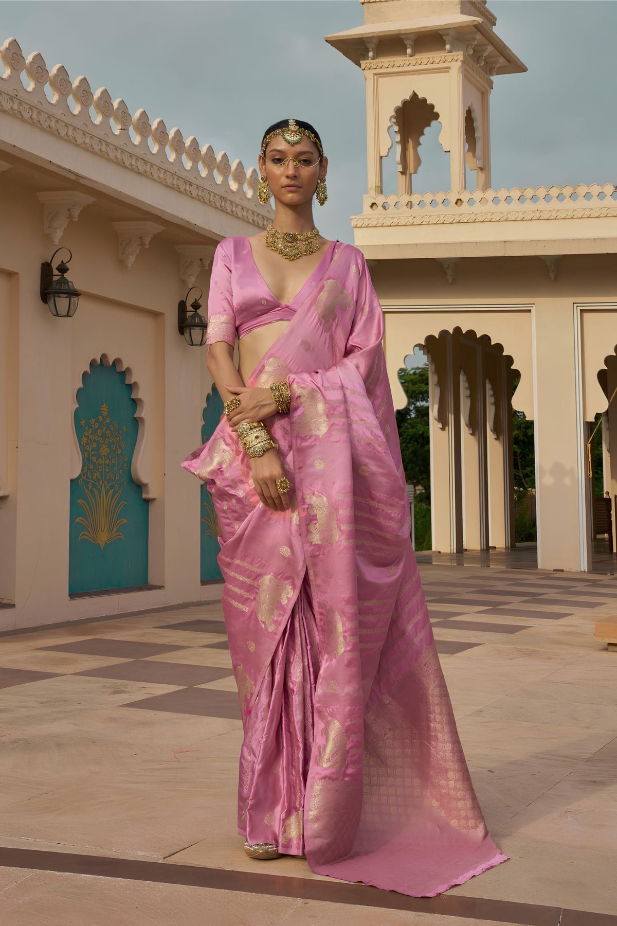 Beautiful Pink Satin Silk Saree Jacquard Zari Weaving Work for Women