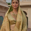 Luxury Golden Satin Silk Saree Jacquard Zari Weaving Work for Women