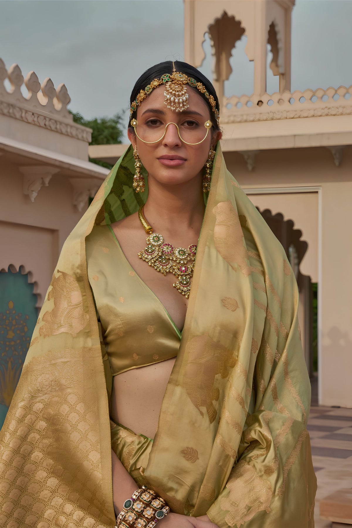 Luxury Golden Satin Silk Saree Jacquard Zari Weaving Work for Women