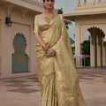 Luxury Golden Satin Silk Saree Jacquard Zari Weaving Work for Women