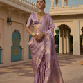 Stylish Lavender Satin Silk Saree Jacquard Zari Weaving Work for Women