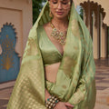 Graceful Pista Green Satin Silk Saree Jacquard Zari Weaving Work for Women