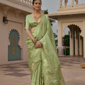 Graceful Pista Green Satin Silk Saree Jacquard Zari Weaving Work for Women