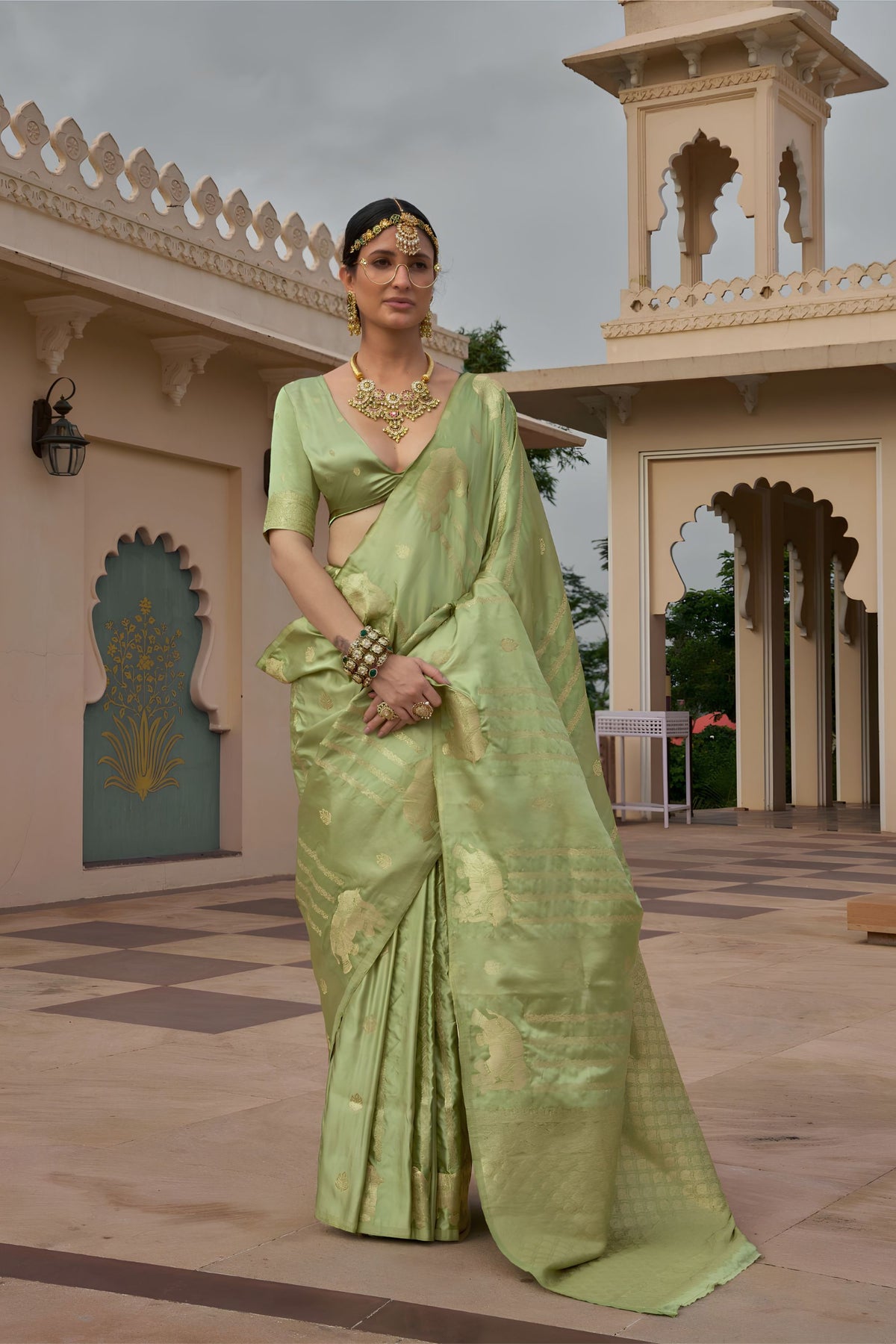 Graceful Pista Green Satin Silk Saree Jacquard Zari Weaving Work for Women