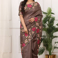 Brown Silk Saree with Floral Embroidery Border Designer Blouse