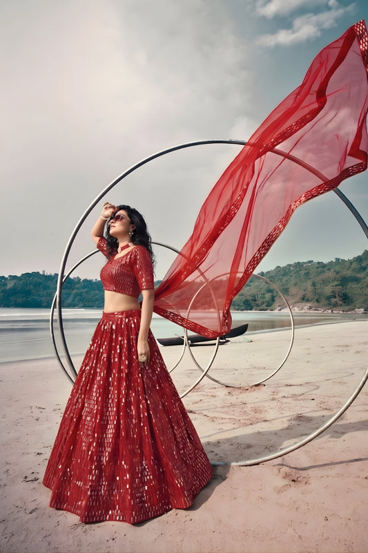 Stunning Red Butterfly Net Embroidered Designer Lehenga Choli with Dupatta for Wedding
