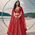 Stunning Red Butterfly Net Embroidered Designer Lehenga Choli with Dupatta for Wedding
