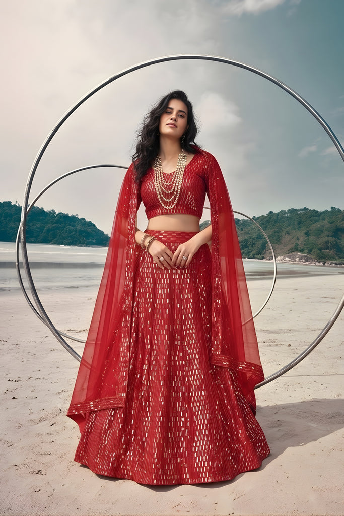 Stunning Red Butterfly Net Embroidered Designer Lehenga Choli with Dupatta for Wedding