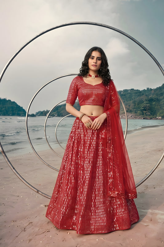 Stunning Red Butterfly Net Embroidered Designer Lehenga Choli with Dupatta for Wedding