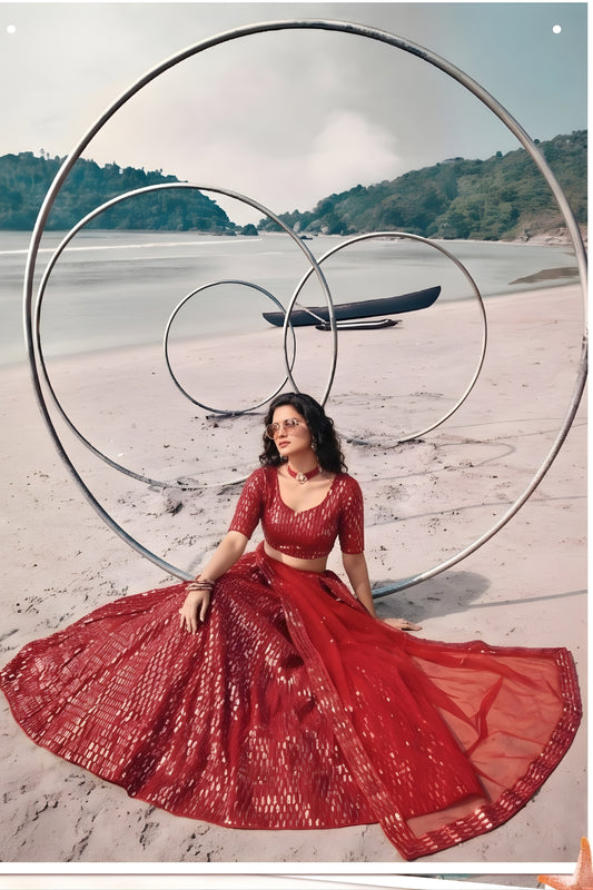 Stunning Red Butterfly Net Embroidered Designer Lehenga Choli with Dupatta for Wedding