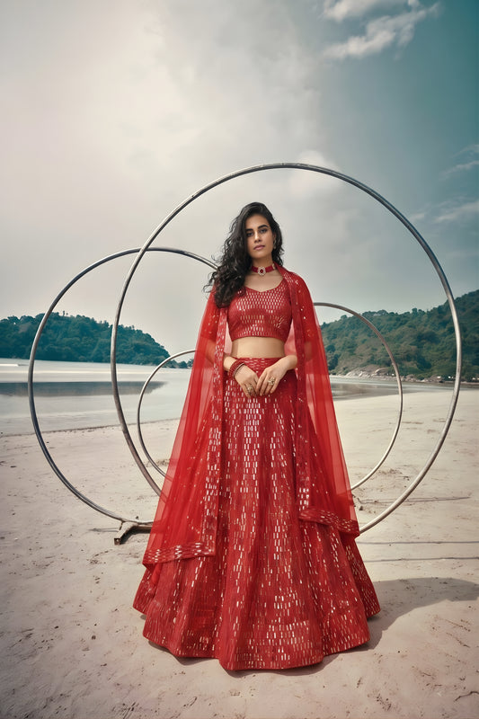 Stunning Red Butterfly Net Embroidered Designer Lehenga Choli with Dupatta for Wedding