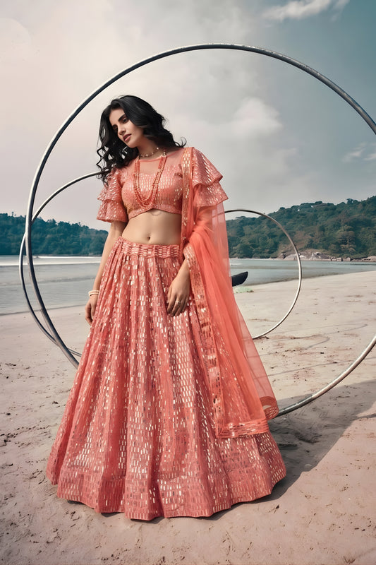 Gorgeous Peach Butterfly Net Embroidered Designer Lehenga Choli with Dupatta for Wedding