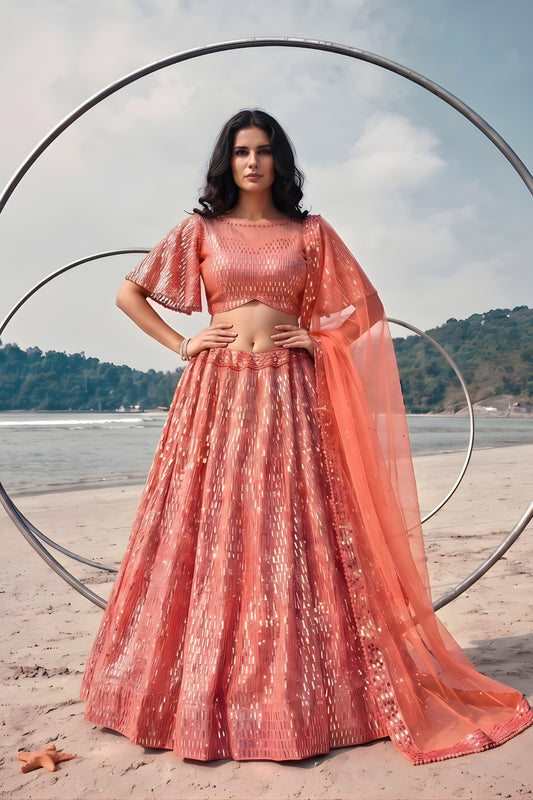 Gorgeous Peach Butterfly Net Embroidered Designer Lehenga Choli with Dupatta for Wedding