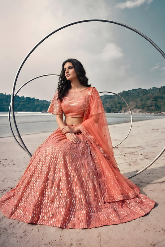 Gorgeous Peach Butterfly Net Embroidered Designer Lehenga Choli with Dupatta for Wedding