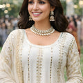 Elegant Off-White Chinon Embroidered Salwar Palazzo Set with Dupatta for Wedding