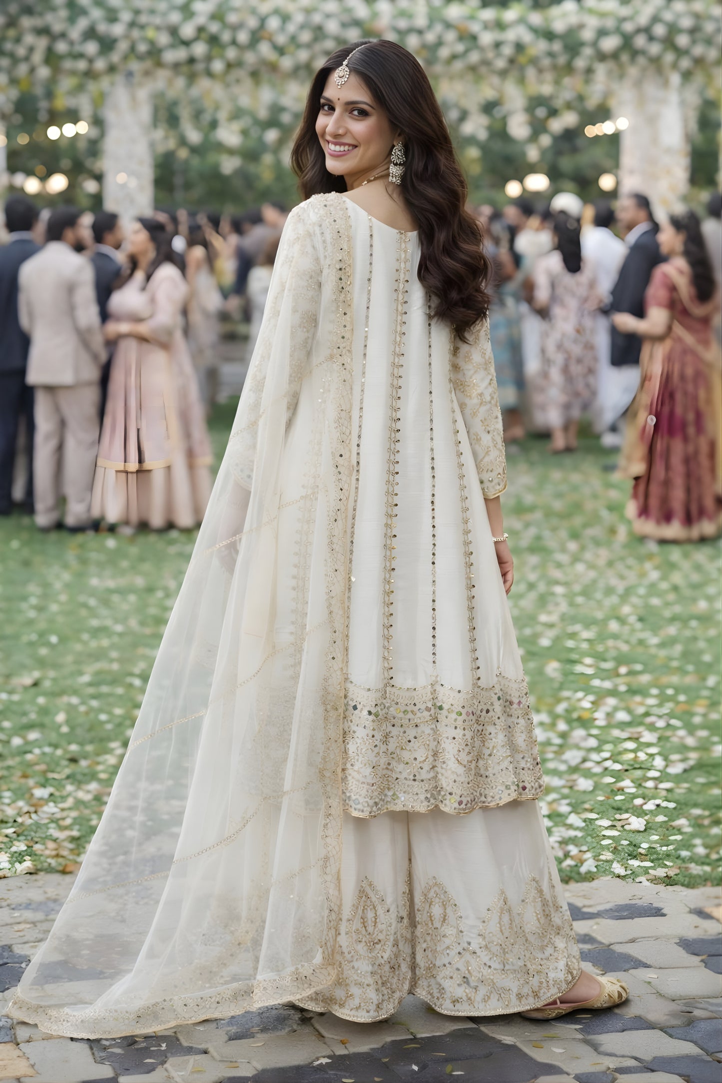 Elegant Off-White Chinon Embroidered Salwar Palazzo Set with Dupatta for Wedding