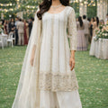 Elegant Off-White Chinon Embroidered Salwar Palazzo Set with Dupatta for Wedding