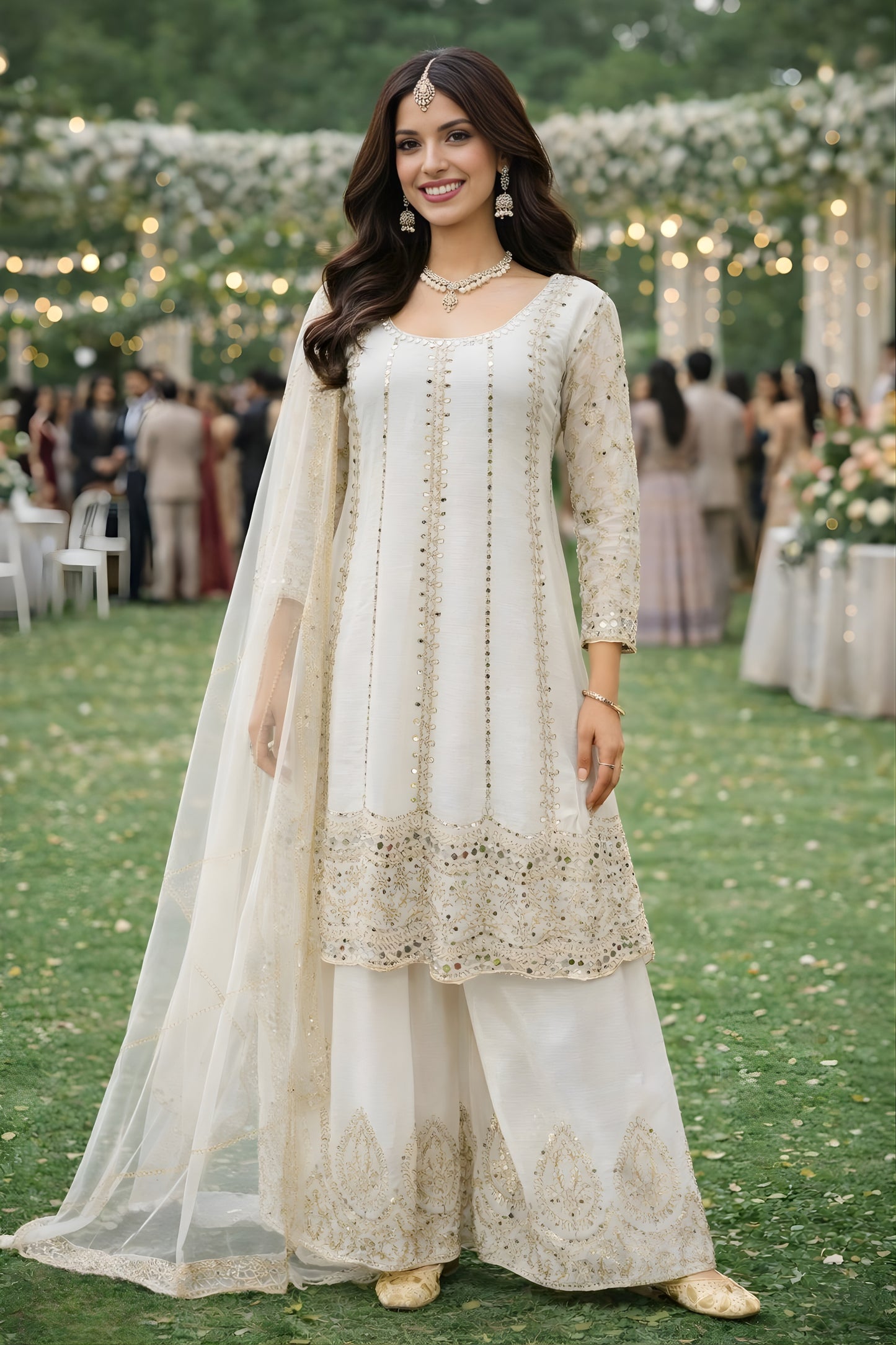 Elegant Off-White Chinon Embroidered Salwar Palazzo Set with Dupatta for Wedding