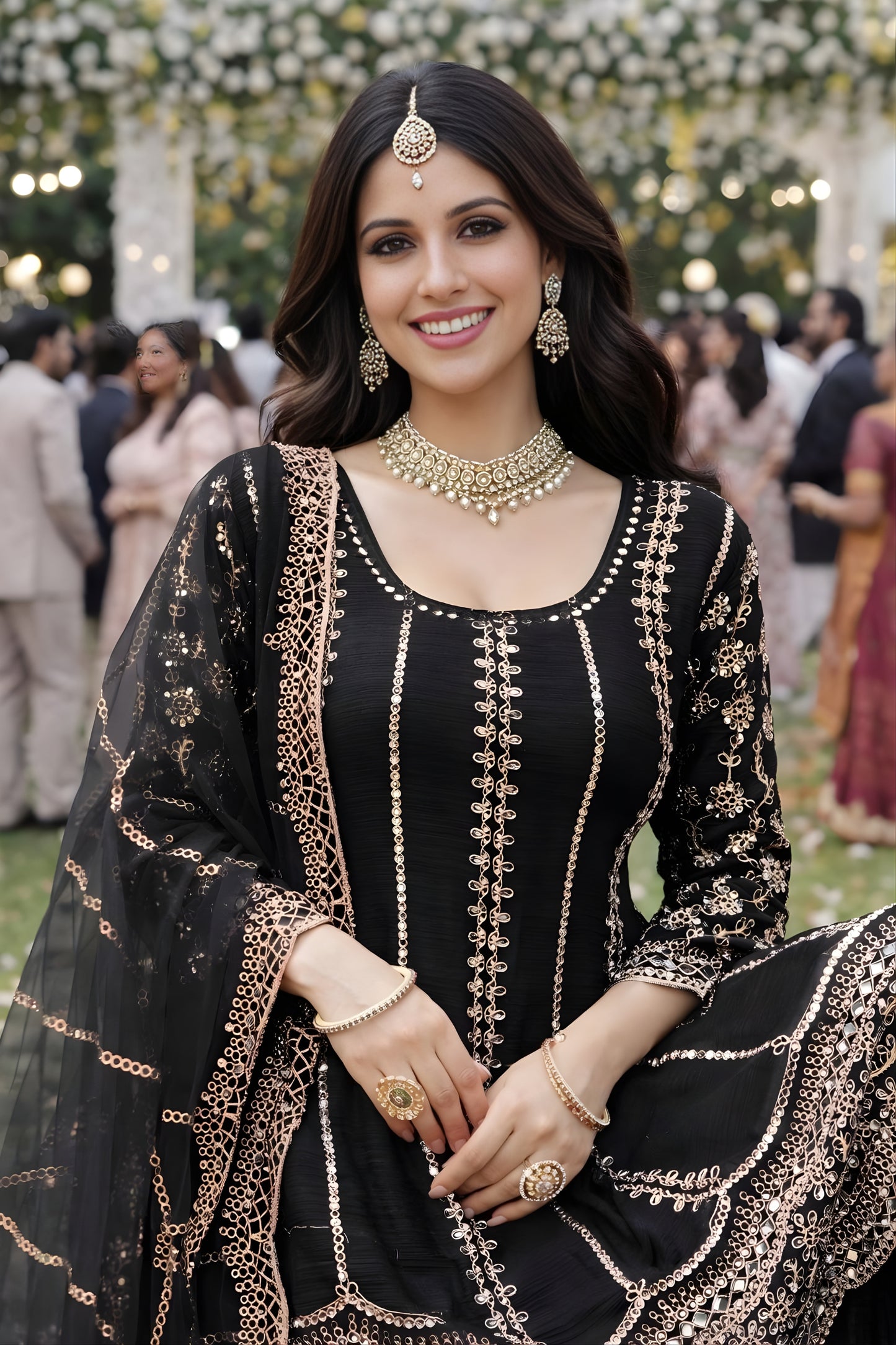 Stylish Black Chinon Embroidered Kurta Palazzo Set with Dupatta for Wedding