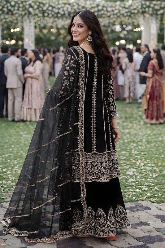 Stylish Black Chinon Embroidered Kurta Palazzo Set with Dupatta for Wedding